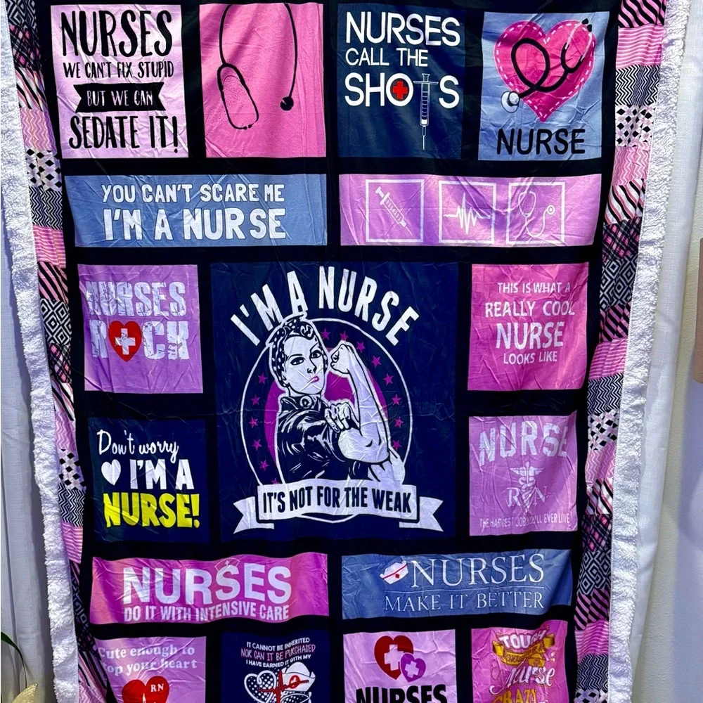 NWT Nurse-Themed Pink and Blue Cozy Sherpa Blanket